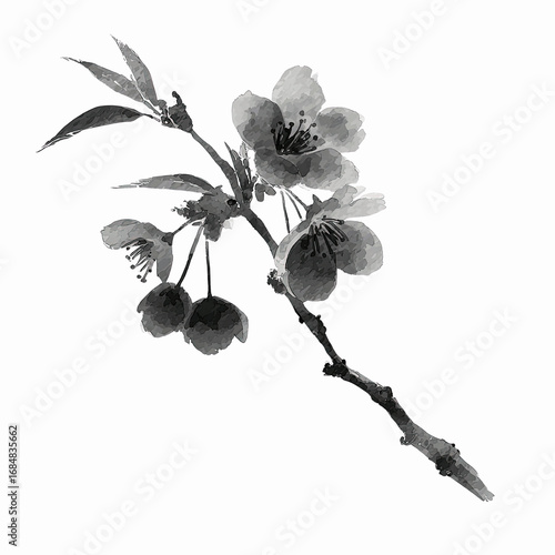 Monochrome Blossom Branch on Purple Background