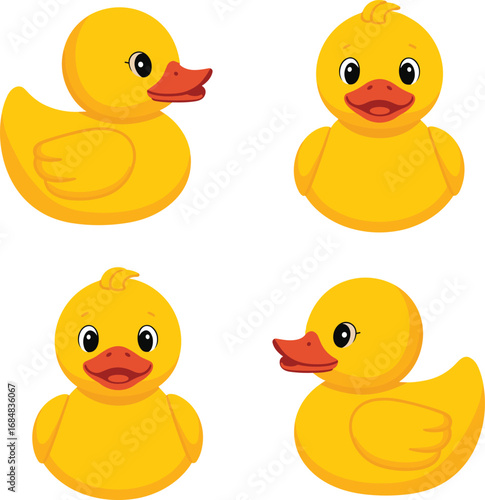 Cute yellow duck cartoon illustration, rubber duck toy vector design, adorable animal characters for kids, bath time, nursery, education, decoration elements