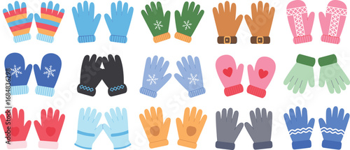 Colorful winter gloves and mittens collection, cartoon vector illustration of warm hand wear accessories, seasonal fashion clothing design for cold weather.
