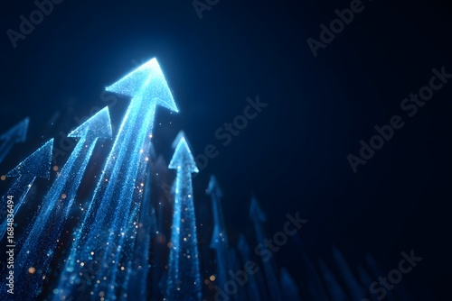 Blue background with glowing arrows growing upwards, illustration of an upward arrow chart for business growth and technology development concept on a blue background.