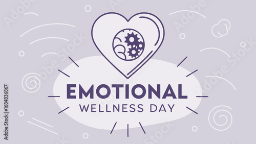 Heart-centered illustration: Emotional Wellness Day graphic; calming pastel palette; minimalist line art style; promoting mental health awareness and self-care practices.