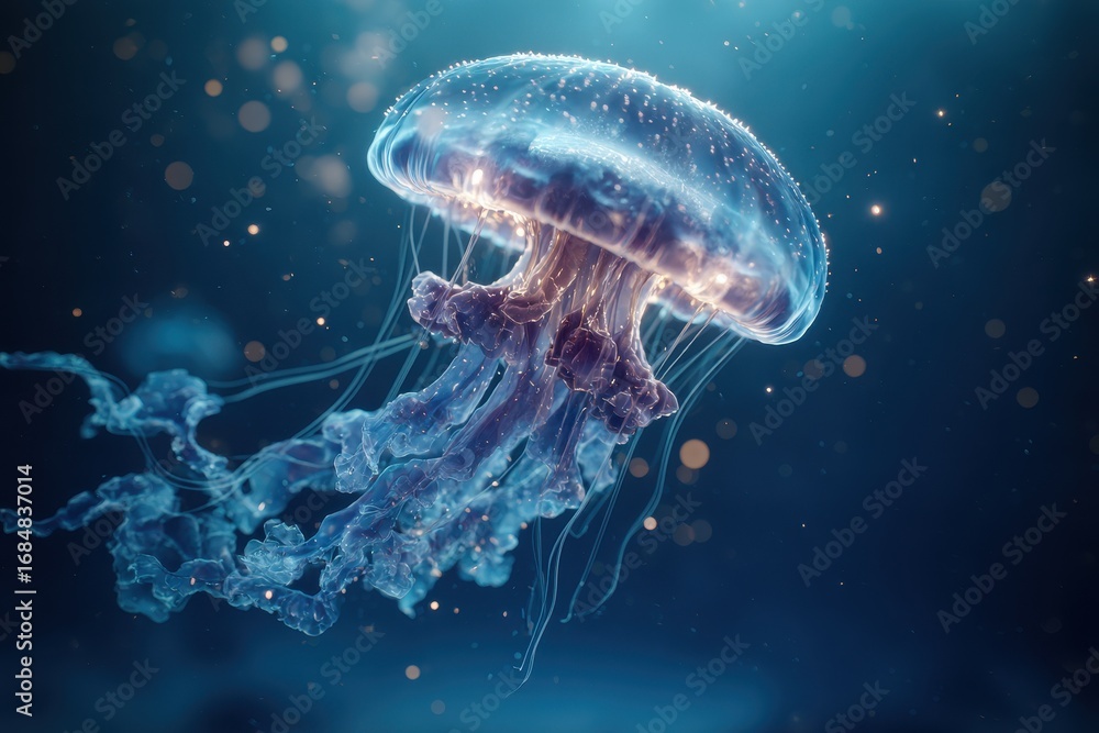 Fototapeta premium Large translucent bioluminescent jellyfish floating gracefully in the dark ocean waters during nighttime illumination