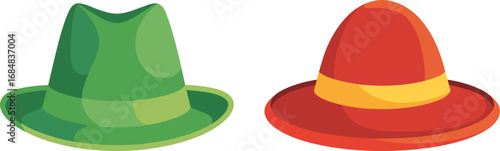 Collection of colorful hats vector illustration, green fedora hat, red wide brim hat, stylish fashion accessory, vintage headwear design, classic retro style