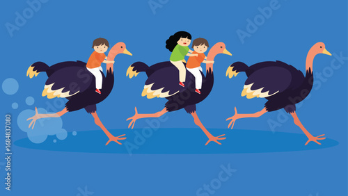 Ostrich family vector illustration. Mother, father, son and daughter running together.