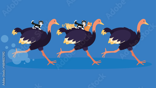 Cute cartoon ostrich family. Vector illustration on blue background.