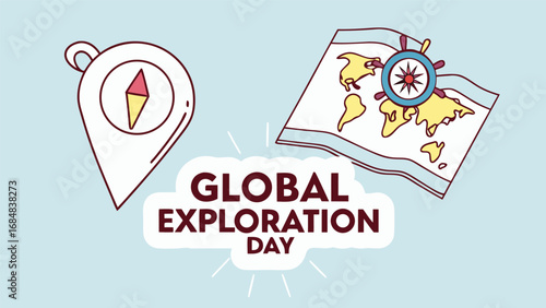 Whimsical Illustration: Global Exploration Day;  A compass and world map with nautical wheel, celebrating adventure and discovery in a lighthearted, cartoon style.
