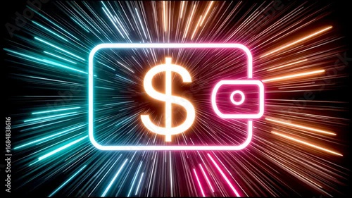 Una billetera futurista emite luces neón en un fondo dinámico. El diseño resalta la innovación y la modernidad, ideal para quienes buscan estilo en gadgets tecnológicos.