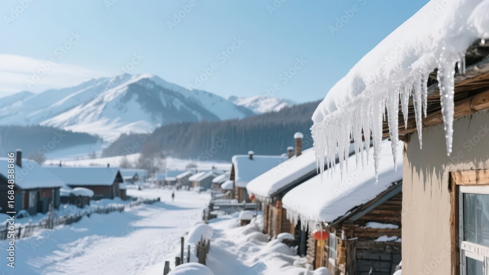Obraz premium In winter, snow - covered wooden houses and crystal icicles complement each other, and the snow - capped mountains in the distance are majestic, showing a pure ice - and - snow rural scenery. 