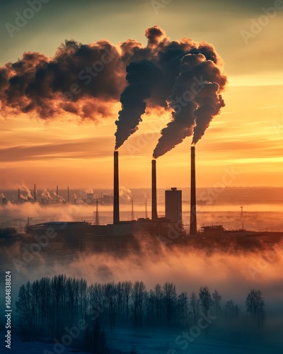 Factory chimneys producing smoke pollution above industrial landscape at sunset