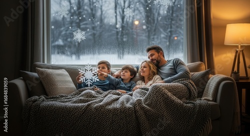 Family enjoying a cozy winter evening indoors watching something on television