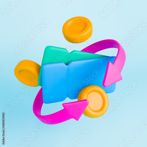 3d cashback coupon icon. Realistic gift voucher, gold coin and pink arrows around. Money refund, discount concept. Vector sign of cash service on blue background