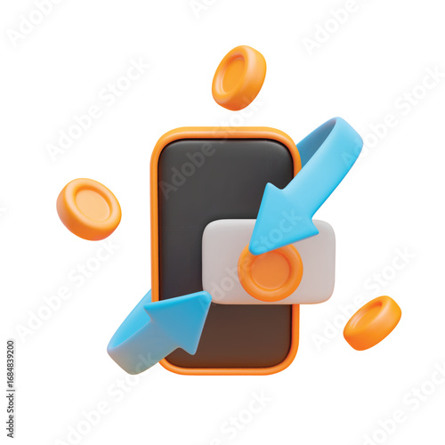 3d cashback arrow transaction concept. Realistic mobile phone with credit card, flying gold coins around and blue arrow. Online banking, payment or loan service. Vector illustration isolated on white