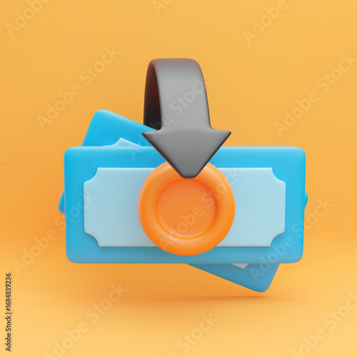 3d cashback banknote icon. Realistic stack banknotes with gold coin and black arrows around. Money saving, transfer, exchange concept. Sign cash refund. Vector illustration on yellow background.