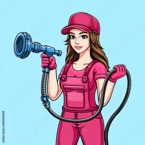 Illustration character of a car washer woman in a blue uniform