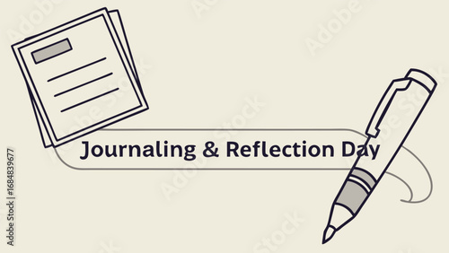 Minimalist Line Art Illustration: Journaling and Reflection Day;  Notebook and Pen;  Calm, Serene Mood;  Perfect for Wellness, Self-Care, and Mental Health Content.