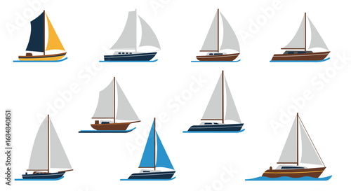 Collection of sailing and motor boats with diverse sail designs on white