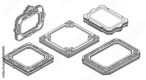 Intricate isometric ornate frames with decorative elements in a vector design