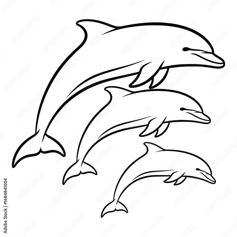 Naklejka premium Vector art of three dolphins swimming together isolated on white background in black outline