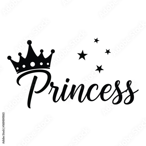 Vector art of princess lettering with crown and stars isolated on white background