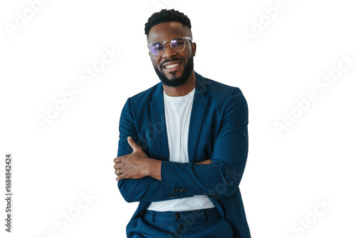 Confident black man in his late 20s wearing a blue jacket and white shirt transparent background