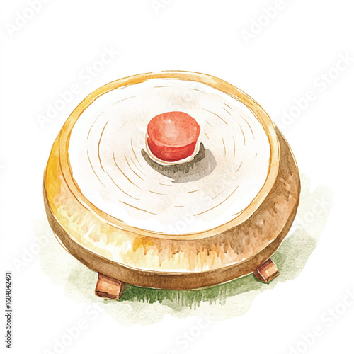 Watercolor Illustration of a Round Wooden Box with a Red Button Top