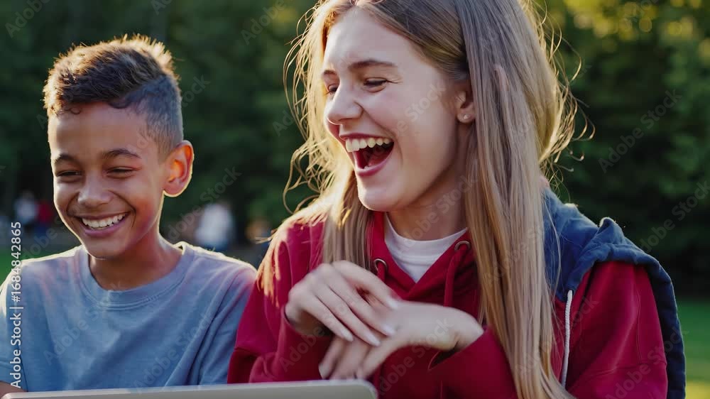 A girl gestures animatedly as she discusses with a boy in the park ...