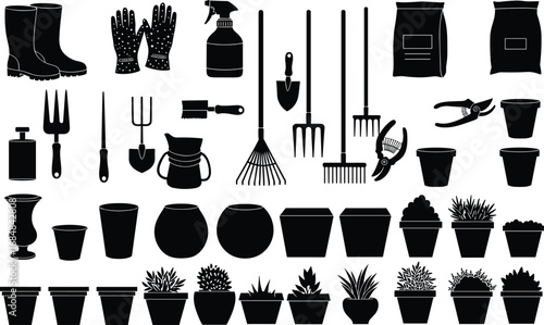 Gardening tools and accessories collection including gloves, boots, rakes, shovels, pruners, pots, soil bags, and garden spray bottles vector