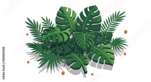 Tropical green leaves arrangement with shadow and red dots on white background
