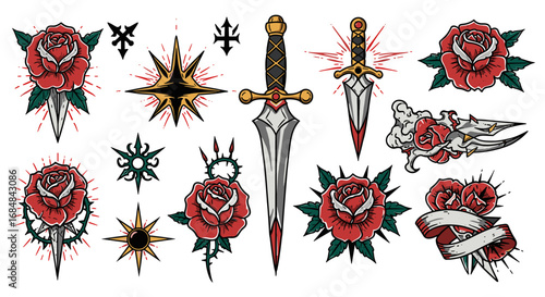 Traditional tattoo style roses and daggers with bold colors and iconic designs