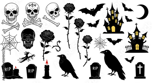 Spooky halloween silhouettes with skulls, bats, and haunted houses for festive designs