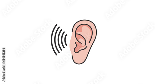 Hearing and sound concept with simple ear icon and sound waves