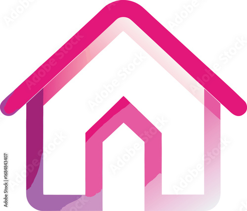 Gradient pink and purple outline of a house icon with a geometric entrance
