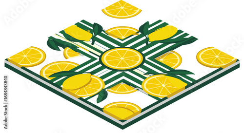 Geometric lemon pattern with fresh slices on green striped background