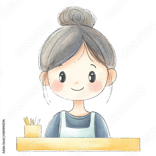 Watercolor Illustration of a Girl with Bun Hairstyle and Apron at Desk