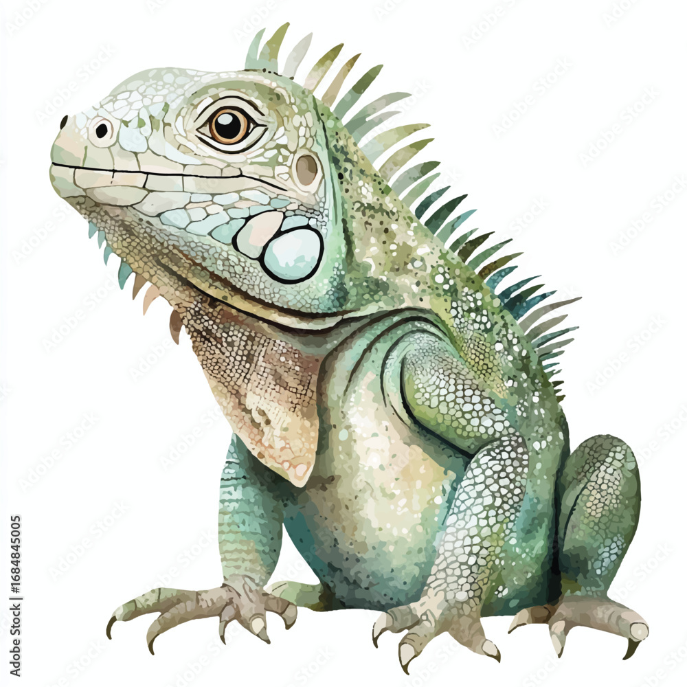 Obraz premium Watercolor Illustration of a Green Iguana with Detailed Scales and Spikes