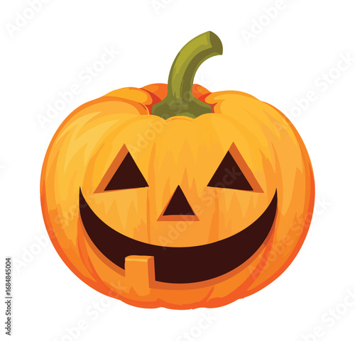 Orange Halloween pumpkin with carved face and green stem jack o lantern scary