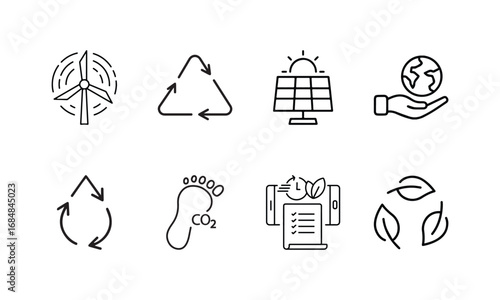 Sustainability ESG icon set. Thin line editable stroke icons for renewable energy, recycling, environmental impact, carbon footprint, green practices, water reuse, and planet care. vector illustration