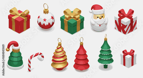 Festive christmas holiday icons featuring gifts, ornaments, and santa in 3d design