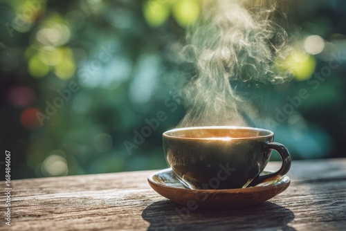 Wallpaper Mural Steaming cup of tea on a wooden table with blurred green background under soft natural light in a peaceful setting Torontodigital.ca