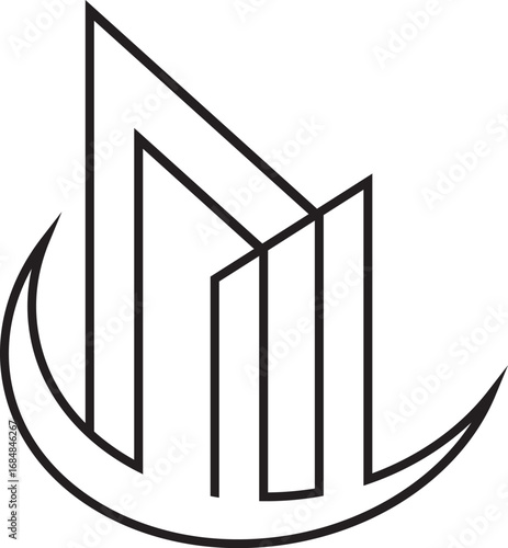 Creative real estate logo design featuring abstract skyscrapers and a curved swoosh foundation. Perfect for real estate companies, property developers, architects, construction businesses, and corpora