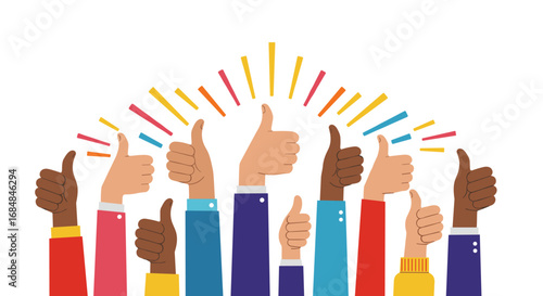 Diverse hands giving thumbs up with colorful accents for teamwork and support concept