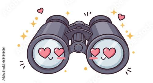 Cute cartoon binoculars with heart eyes and smiling faces