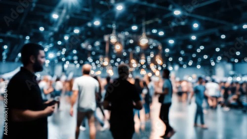 Futuristic corporate flow with blurred silhouettes of professionals walking in dynamic business expo halls.