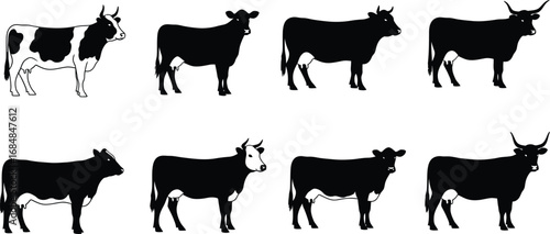 Collection of silhouette cows facing left for livestock themes silhouette