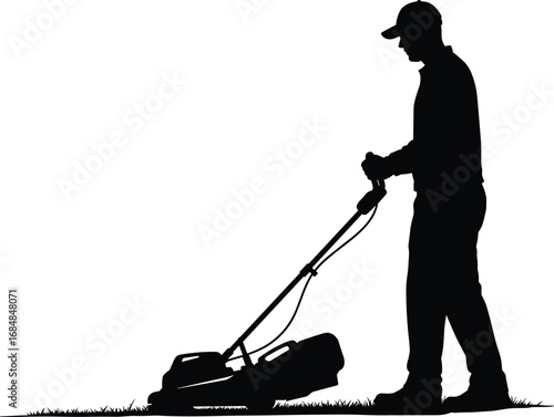 Silhouette of Man Mowing Lawn with Grass Cutter Machine, Outdoor Garden Work Scene, Vector Illustration for Landscaping and Gardening Design