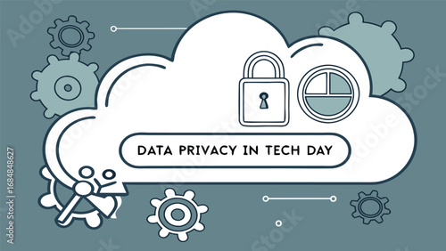 Cloud Computing Data Privacy:  Modern Line Art Style Illustration for Tech Day, Featuring Padlock, Gears, and Data Segmentation Icons, Representing Secure Digital Information and Online Privacy.