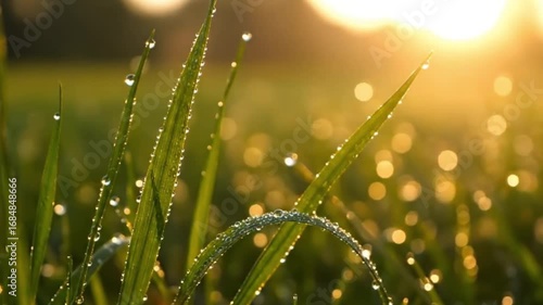 Sun-drenched grass blades glistening with morning dew, captured in a vibrant close-up showcasing the beauty of nature's gentle awakening and the soft bokeh of the sun's rays