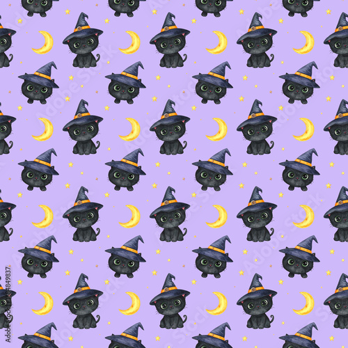A seamless pattern with kawaii black kitten wearing witch hat, crescent moon and stars illustrations
