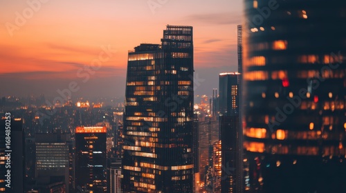 Aesthetic city skyline at sunset with glowing skyscraper lights, urban cinematic style