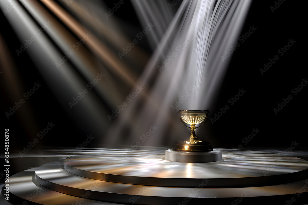 Obraz premium Shining Trophy on Podium Under Dramatic Lighting, Symbolizing Victory, Achievement, Excellence, Recognition and Success in Competition